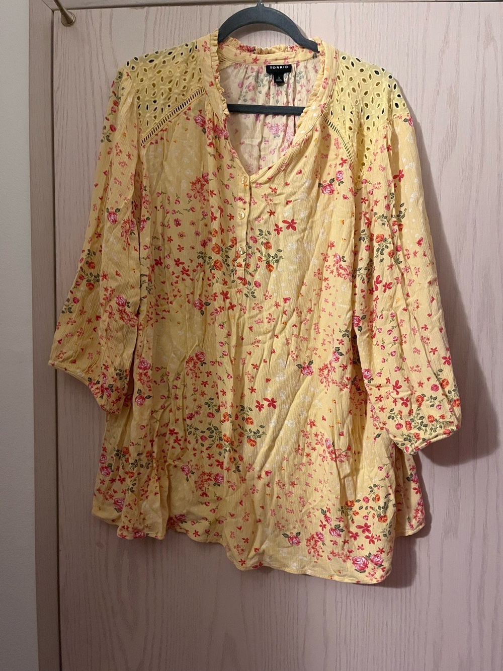 torrid Yellow Floral Eyelet V-Neck Tunic